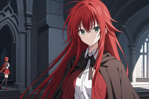 red haired woman, long hair, hair between eyes, green eyes, red hair, shirt, ribbon, school uniform, white shirt, black ribbon, ribbon on neck, cape, black cape, long sleeves, skirt, red skirt, interior, dark castle, shadows, looking at viewer, alone, RIAS GREMORY