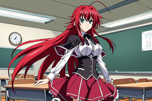 score_9, score_8_up, score_7_up, source_anime,riasgremory, ,rias gremory, huge ahoge, long hair, hair between eyes, green eyes, red hair, shirt, ribbon, school uniform, white shirt, black ribbon, ribbon on neck, cape, black cape, long sleeves, skirt, red skirt, interior, classroom, looking at viewer,RIAS GREMORY