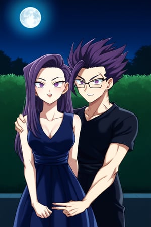 man and woman burning. light skinned man with black frame glasses, scar on left eye runs across top and bottom, intense expressive eyes, sharp femininity, dark iris, long spiky hair with a long pointy tuft pointing down, jet black hair, DARK GREY shirt, BLACK VEST. Woman smiles happily, purple eyes sweet joyful happy expression, long straight hair, tuft down to forehead, very dark purple hair, sleeveless dress, navy blue dress, dress with gold details, dress with cut out dress on chest leaving it uncovered. couple, together, background: clear night, park, lights, bushes, full moon