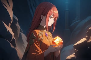 masterpiece, absurd, (intricate details), cinematic lighting, extremely detailed 8k CG wallpaper, redhead woman with object, rock, single, vivid colors, orange color, dark background, gemstone, small, held in hand