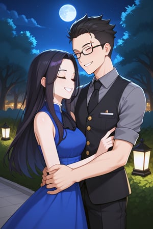 Man and woman smiling in a way, man with black frame glasses, scar on the left eye that goes across the top and bottom, black hair, spiky with a pointy tuft down, dark grey shirt with a black vest, woman smiles widely and eyes closed with a sweet and happy expression, long hair, straight tuft up to the forehead very dark purple, sleeveless navy blue dress with gold details, opening in the chest leaving it uncovered. Background: clear night, park, lights, bushes full moon
