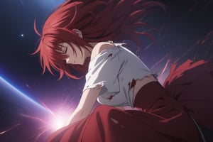 masterpiece, (intricate details, more details), cinematic lighting, extremely detailed 8k CG wallpaper, redhead woman white t-shirt red short skirt sleeping falling into space, injured redhead woman white t-shirt with blood red short skirt sleeping, torn destroyed clothes, sleeping woman with wounds blood, space, magic, purple, dark purple background, thunder,RIAS GREMORY