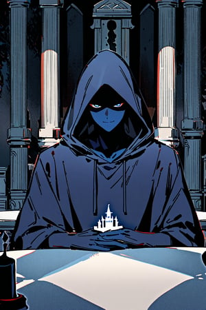 Ghost man, hooded, mysterious, dark hood, dark blue skin, gloomy, shadows, mysterious smile, only mouth, serious appearance, arrogant smile, blue eyes, taking background: blue and white castle, pillars, small table