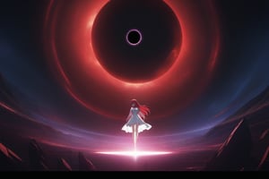 masterpiece, (intricate details, more details), cinematic lighting, extremely detailed 8k CG wallpaper, red haired woman white dress red skirt sleeping falling into dark portal, red haired woman white dress red skirt sleeping portal, black hole, magic, black hole, purple, dark background,RIAS GREMORY