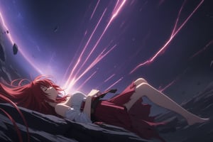 masterpiece, (intricate details, more details), cinematic lighting, extremely detailed 8k CG wallpaper, cinema, redhead woman sleeping, white strapless t-shirt red short skirt torn, straight long red hair, falling, destroyed clothes with blood, woman redhead injured with blood wounds, torn destroyed clothes, space, magic, purple, dark purple background, thunder, lightning.,RIAS GREMORY