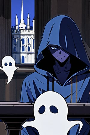 Ghost man, hooded, mysterious, dark hood, dark blue skin, gloomy, shadows, mysterious smile, only mouth, serious appearance, arrogant smile, blue eyes, taking background: blue and white castle, pillars, small table