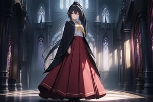 masterpiece, absurd, (intricate details), cinematic lighting, wide shot, extremely detailed 8k CG wallpaper, akenohimejima, black hair, very long hair, ponytail, school uniform, red skirt, ponytail, white shirt, black cape, yellow ribbon, slight smile, akeno himejima, interior, dark castle, shadows, looking at viewer, alone
