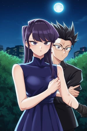 Man and woman hug. Light skinned man with black framed glasses, scar on left eye running across top and bottom, intense eyes, serious and sharp look, dark iris, long spiky jet black hair with a long spiky lock pointing down, jet black hair, DARK GREY t-shirt, BLACK VEST. Woman smiles happily, purple eyes, sweet and cheerful expression, long straight hair, lock reaching to forehead, very dark purple hair, sleeveless dress, navy blue dress, dress with gold details, dress with cut on chest leaving it exposed. background: clear night, park, lights, bushes, full moon, shouko komi, sayan, future, green clothes, blue clothes, sayamanglases, source_anime, score_7_up, score_8_up, score_9