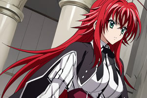 score_9, score_8_up, score_7_up, source_anime,riasgremory, ,rias gremory, huge ahoge, long hair, hair between eyes, green eyes, red hair, shirt, ribbon, school uniform, white shirt, black ribbon, ribbon around neck, cape, black cape, long sleeves, skirt, red skirt, interior, dark castle, shadows, facing viewer, alone, RIAS GREMORY