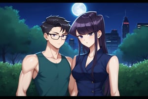 Man and woman hug. Light skinned man with black framed glasses, scar on left eye running across top and bottom, intense eyes, serious and sharp look, dark iris, long spiky jet black hair with a long spiky lock pointing down, jet black hair, DARK GREY t-shirt, BLACK VEST. Woman smiles happily, purple eyes, sweet and cheerful expression, long straight hair, lock reaching to forehead, very dark purple hair, sleeveless dress, navy blue dress, dress with gold details, dress with cut on chest leaving it exposed. background: clear night, park, lights, bushes, full moon, shouko komi, sayan, future, green clothes, blue clothes, sayamanglases, source_anime, score_7_up, score_8_up, score_9