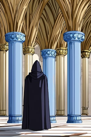 Hooded man, mysterious, dark hood, light blue skin, gloomy, mysterious smile, mouth only, light blue castle background, pillars, small table