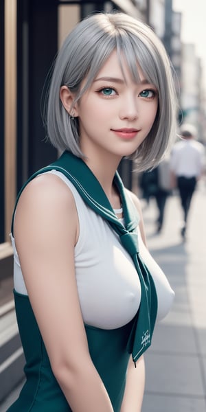 Masterpiece, Best Quality, Photorealistic, High Resolution, 8K Raw), smile, looking at viewer, upper body, 1 girl, solo, short hair, (silver gray hair, bangs:1.1), big breasts, Light 
green eyes, white collar, (black sleeveless sailor-style dress:1.3), white bandages around her arms and legs, white sneakers, calm and confident facial expression, city, street background 