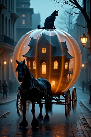 "Close-up of a black Clydesdale horse drawn carriage in the shape of a large translucent glass pumpkin containing a haunted house with a black cat down an ominous cobblestone street with low lying fog on Halloween night by Luis Royo :: Anna Dittmann :: Artgerm Lau :: Anne Stokes"

