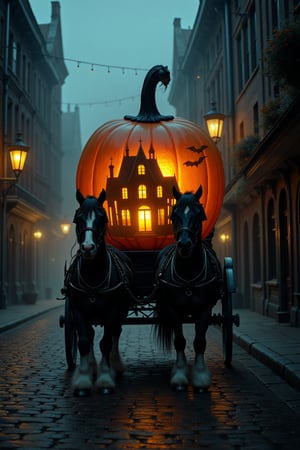 "Close-up of a black Clydesdale horse drawn carriage in the shape of a large translucent glass pumpkin containing a haunted house with a black cat down an ominous cobblestone street with low lying fog on Halloween night by Luis Royo :: Anna Dittmann :: Artgerm Lau :: Anne Stokes"

