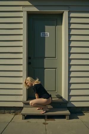 A romantic style painting of a woman in a short black dress, hitched up around her waist, crouching low on the steps of an old, weathered building with horizontal wooden siding. She is urinating, with a small pool of liquid on the floor. The door behind her has a sign reading WOMANS TOILET CLOSED. The scene is minimalist, dominated by the repetitive, oppressive pattern of the building's straight lines. Soft, warm lighting highlights the woman's form against the stark background.