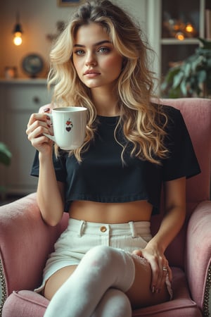 A photo of Selena Gomez with blond hair wearing a black crop top. She is holding a large mug of coffee in her hand. she is resting on a chair, her long white socks facing the camera. she has a fitted white skirt, and her knees are slightly parted - behind her is a pink living room - The lighting is soft.