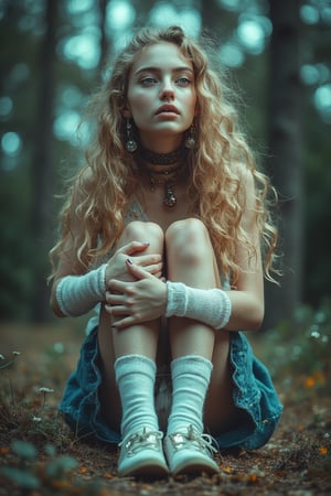 A photo of a 20-year-old pretty slim girl with long blond hair. She is wearing long white socks and shoes. She wears a tiny blue skirt with white underwear and is sitting down on the ground, her knees tucked up tight to her chin and slightly parted. She is urinating as she sits there. The background is blurred and consists of trees. The lighting is soft.