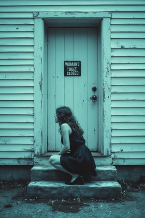 A 50mm close-up color photograph of a woman crouching down low, as if she is urinating, in front of an old, weathered building with horizontal wooden siding. The woman is dressed in a short black dress, hitched up around her waist, and is crouching alone on the steps leading to a door with a sign that reads "WOMANS TOILET CLOSED." A small pool of liquid is on the floor. The scene is minimalist, with the straight lines of the building's siding dominating the composition, creating a repetitive, almost oppressive pattern. The overall atmosphere is cold, distant, and somewhat eerie, with high contrast between the bright white of the building and the dark silhouette of the woman.