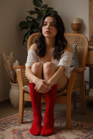 Whispering Secrets: A young woman with dark locks, her features bathed in a warm, pinkish glow, sits contemplatively in a chair, her legs crossed at the ankles. Her gaze drifts inward, lost in thought, as she dons red knee-high cushioned crew socks. Against this dreamy backdrop, a boho-style room unfolds, replete with a patterned rug, a potted plant's gentle curves, and the wooden object's subtle texture.