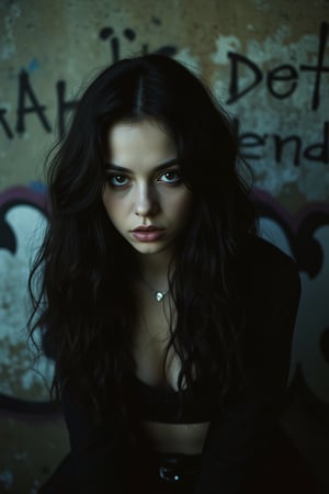 A photo of a 25-year-old Jenna Ortega portraying Wednesday Addams in a gritty background with a grunge graffiti wall. She has expressive eyes and a sultry attitude. The image has a pictorialist style with a dystopian, grim dark, and goth vibe. The background is a grungy graffiti wall with the text "Death is not the end". The lighting is chiaroscuro with high contrast. The overall image has a surrealism element.