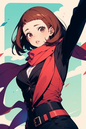 uraraka_ochako,portrait, girl, juicy lip, with a hero's look, teenage, lovely face, posing from the front, formal dress, pants, red fluttering scarf, sword holding