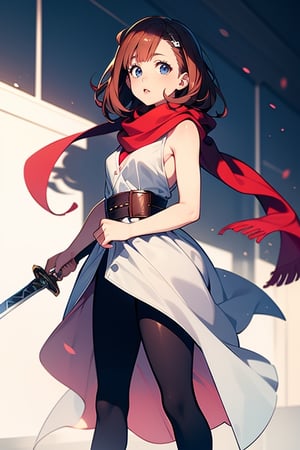 uraraka_ochako,portrait, girl, juicy lip, with a hero's look, teenage, whole body, lovely face, posing from the front, formal dress, black boots, bare arms, coffee pants, red fluttering scarf, white blouse, sword holding, world rpg