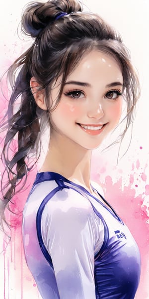 ek_art_b00ster, a pencil sketch of 1girl in pastel art blended with alcohol ink style, dark long hair, chignon, kind smile, a mesmerizing beautiful face, rhythmic gymnastics uniform, unreal engine rendering, masterpiece, best quality