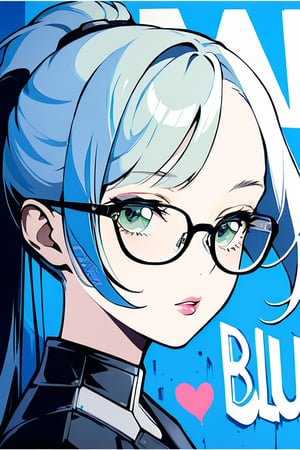 DonMW15pXL, cyborg style, graffiti on a wall, noon, masterpiece, wallpaper, English letters, sticker, face of a woman, the left side of the face has blues eyes, bangs and glasses, the right side is a face of a zombie woman with green eyes and glasses,  light blue hair, lips, long hair 