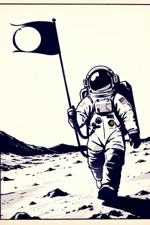 old newspaper clipping, letters in English, close-up news photo of man reaching the moon, astronaut getting off a spaceship on the ground of the moon, carrying a flag, walking, and the headline says "Man conquered the moon"