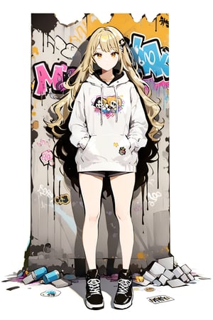 mature woman looking at the viewer, blonde hair, gold eyes, graffiti,long hair, full body, noon, masterpiece, wallpaper, Sticker, ,h1m1k0t0g4