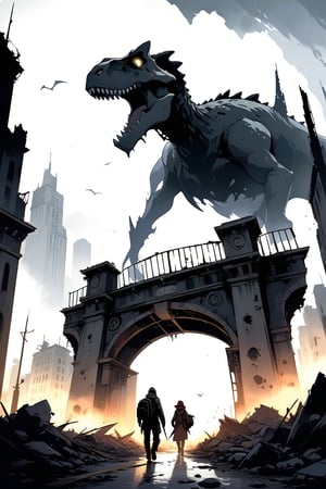 post-apocalyptic city, destroyed city, entrance to a city full of monster and dinosaur skulls, travelers arriving on horseback, masterpiece, wallpaper, midday sun, gloomy atmosphere