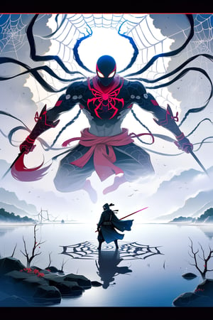 DonMW15pXL, cyborg style, Japanese style, ninja with a weapon in front of the spider god, spider web, fog background, lake, masterpiece, wallpaper,