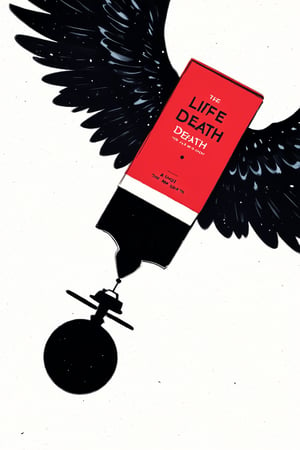 a red and black cover book, cover of a science fiction book, the title in English "LIFE AND DEATH", image below the title about death upside down and an angel upside down