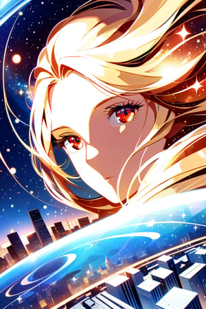 DonMW15pXL, shape of a pair of animated eyes without pupils formed from a neural network, seeing the world from a distant place beyond the stars, goddess with long shiny blonde hair, red eyes, grandeur, Greek goddess clothing, wallpaper, futuristic city, wallpaper