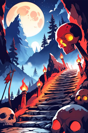 entrance of a cave in the shape of a giant skull, mountain background, on the side a sign with the word "danger" in red with a skull, torches around, night, full moon, midnight, wallpaper, masterpiece