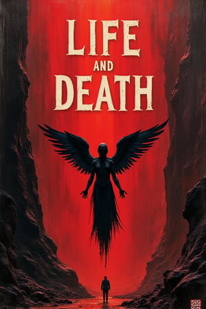 a red and black cover book, cover of a science fiction book, the title in English "LIFE AND DEATH", image below the title about death upside down and an angel upside down