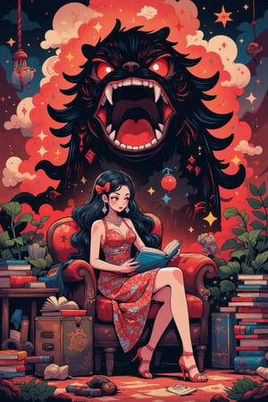 Score_9, Score_8, Score_7, woman with long black hair, bows in her hair, diamond necklace and earrings, shiny diamond dress, reading a book sitting on a sofa chair, many books around, a cloud coming out of her head where the figure of a monster is found dark open its jaws and showing its claws and red eyes, Cartoon style 