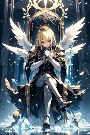 angel sitting on a throne of ice, wings, blonde, slender, shining armor and crown of thorns,