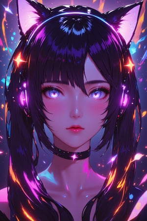 mature woman looking at the viewer,  graffiti,long hair,  noon, masterpiece, wallpaper, Sticker, cat ears,glowing,bright,luminous skin,glowing brightly,warm light,radiant,soft,glowing skin and vibrant, luminous features,glowing visual effects,glowing, particles,neon,glowingstyle, anime style, cyberpank style, hair accessories, cat ears headband, luminous headphones, black hair, purple eyes, pigtails, 