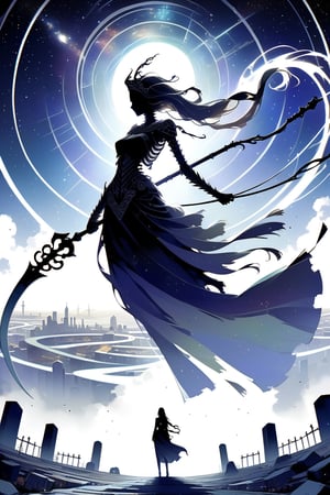 DonMW15pXL, seeing the world from a distant place beyond the stars, skeleton god with a black tukica and a giant sickle, imposing, cemetery, Greek goddess clothing, wallpaper, futuristic city, wallpaper, full body