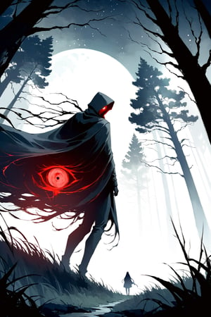 DonMW15pXL, a dark forest full of very tall trees and grass, midnight, full moon that slightly illuminates the image, among the trees a mysterious entity similar to a human, and only its two bright red eyes can be seen, fear, terrorr, masterpiece, wallpaper