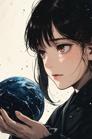 girl holding the universe in her hands, short black hair, brown eyes, 