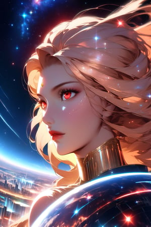 DonMW15pXL, shape of a pair of animated eyes without pupils formed from a neural network, seeing the world from a distant place beyond the stars, goddess with long shiny blonde hair, red eyes, grandeur, lips, full body,  Greek goddess clothing, wallpaper, futuristic city, wallpaper, Anime style 