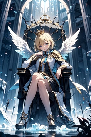 angel sitting on a throne of ice, wings, blonde, slender, shining armor and crown of thorns,