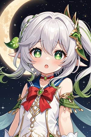 masterpiece, best quality, 1 girl, sailor moon, solo, sailor senshi uniform, nahida genshin, white hair, short hair, green eyes, gloves, sailor collar, two tales, blue sailor collar, jewelry, red choker, white gloves , earrings, bun, choker, double bun, red bow, upper body, bun, half moon, magical girl, open mouth, half moon earrings, elbow length gloves, crescent moon, meme, moon, hoop , bangs, looking at viewer, elf ears