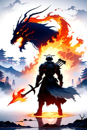 DonMW15pXL, cyborg style, Japanese style, warrior facing horseman of the apocalypse with a flaming axe, fog background, lake, masterpiece, wallpaper,