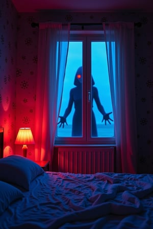 strange and dangerous figure, long hands and red eyes, window, midnight, in a girl's room, neon lights, view under the bed, masterpiece, wallpaper