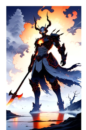 DonMW15pXL, cyborg style, Japanese style, warrior facing horseman of the apocalypse with a flaming axe, fog background, lake, masterpiece, wallpaper,