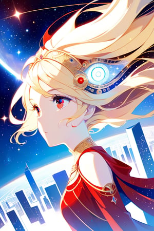 DonMW15pXL, shape of a pair of animated eyes without pupils formed from a neural network, seeing the world from a distant place beyond the stars, goddess with long shiny blonde hair, red eyes, grandeur, Greek goddess clothing, wallpaper, futuristic city, wallpaper