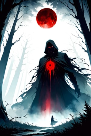 DonMW15pXL, a dark forest full of very tall trees and grass, midnight, full moon that slightly illuminates the image, among the trees a mysterious entity similar to a human, and only its two bright red eyes can be seen, fear, terrorr, masterpiece, wallpaper